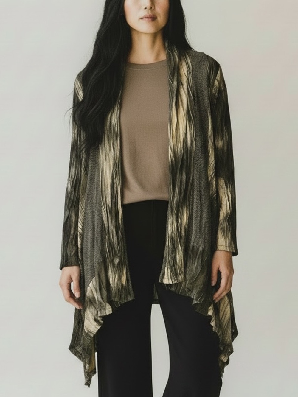 Alberto Makali Olive Crushed Mixed Media Lagenlook Open Jacket Topper - Medium